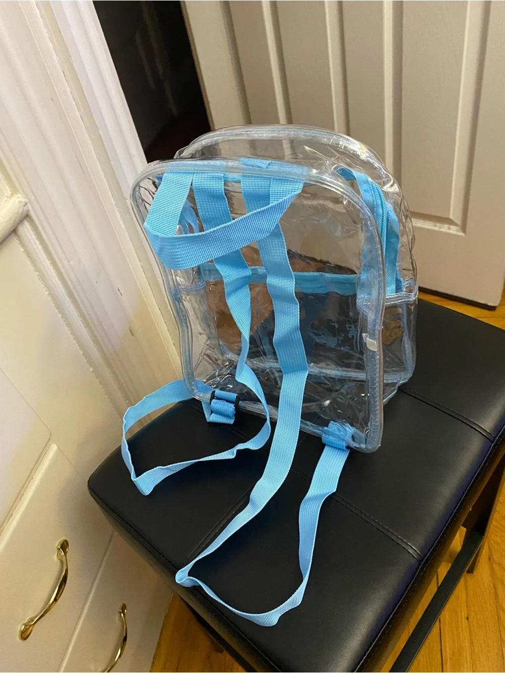Clear PVC Backpack with Light Blue Trim,women's adjustable bag